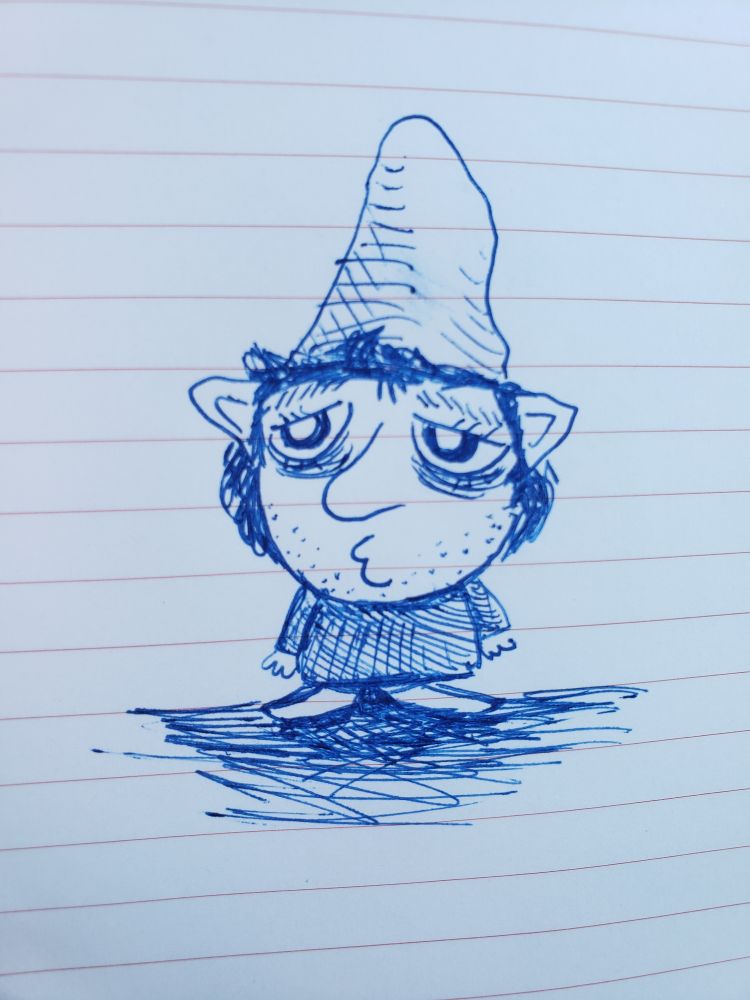a gnomish critter with droopy eyes, pouty lips, and stubble, wearing a pointy hat