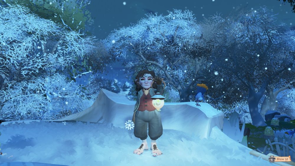 my Hobbit character Poppodil Puddifoot holding a lamp surrounded by snow covered trees in Tales of the Shire 