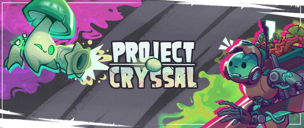 Um banner com o nome "Project Cryssal" no meio. O banner contém um cogumelo verde na esquerda atirando um projétil verde em um robô marrom e ciano. O fundo contém um contraste de cores roxo na esquerda e verde na direita, junto com um fundo cinza e branco.