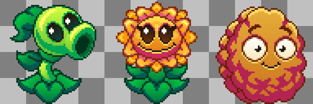 Peashooter is a vibrant green plant, with a vibrant lime head and mouth. He also has a green leaf below his stem, behind his stem and behind his lime head.
Sunflower is a vibrant sunflower, with vibrant yellow petals and a big smile. She also has two small green leaves on her stem and green leaves below her stem.
Wall-Nut is a vibrant nut, with a vibrant orange color, with two white eyes, two eyebrows and one smile.