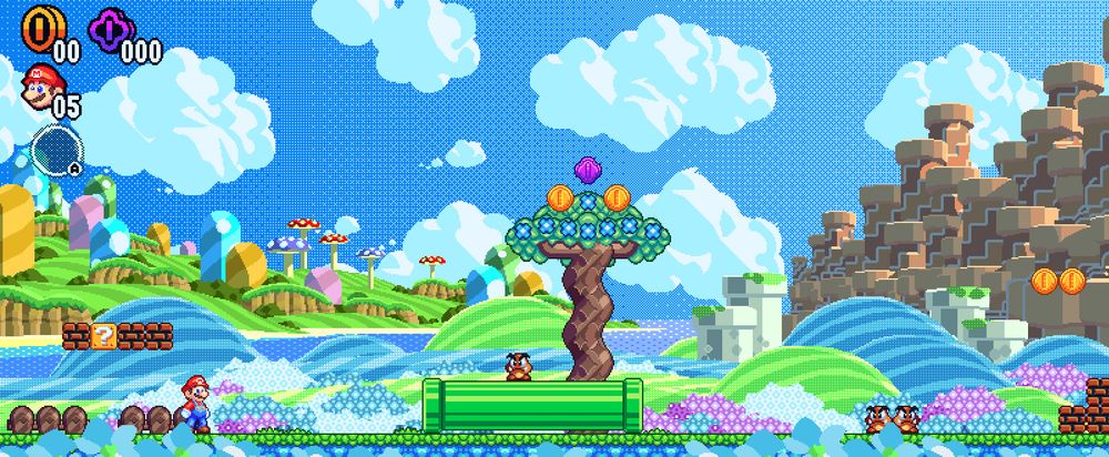 Uma imagem conceitual do jogo feito por fã chamado "Super Mario Bros. Powered Up". A imagem demonstra um fundo na primeira fase do Reino das Flores do jogo Super Mario Bros. Wonder. A imagem também demonstra uma interface com moedas amarelas, moedas roxas e o ícone do Mario. Além disso, o cenário mostra blocos, canos e moedas.