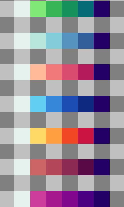 A multi colored color palette. It contains green, gray, pink, blue, yellow, brown and purple hue shifted colors.