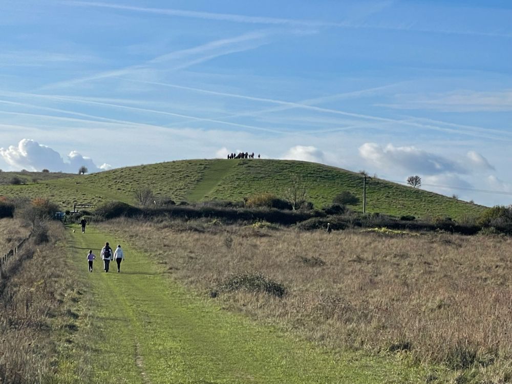 The wide track though farmland and Pitstone Hill.