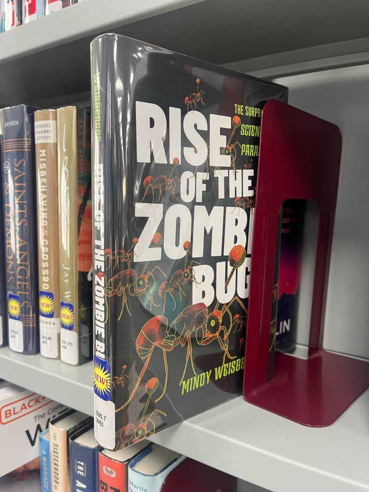 A hardcover copy of the book Rise of the Zombie Bugs on a library bookshelf.