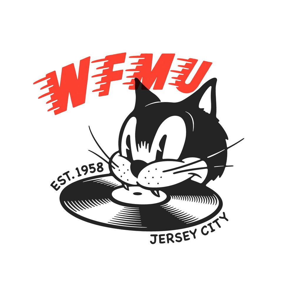 A cartoon of a cat biting down on a record. Red text above the cat reads "WFMU," text wrapping around the record reads "EST. 1958" and "JERSEY CITY"