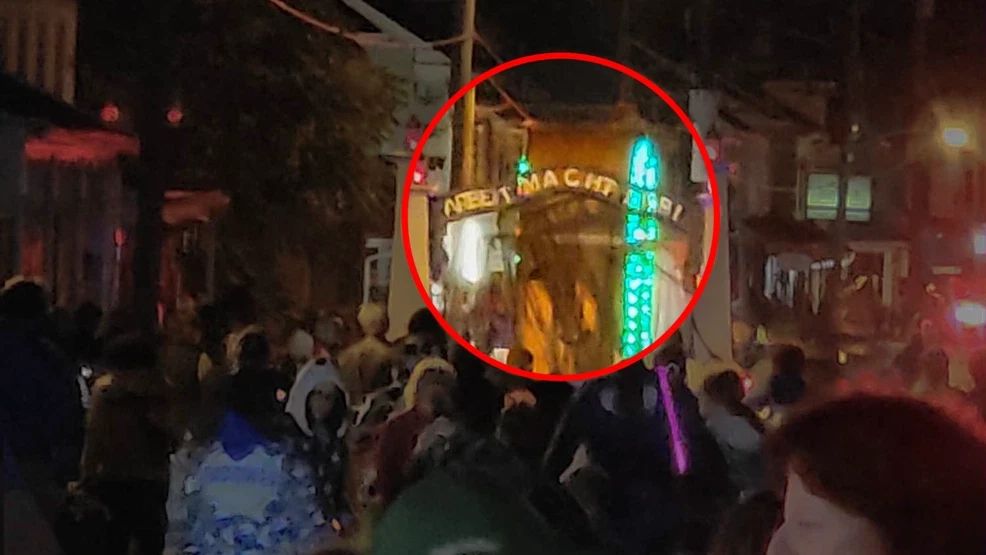 Photo of the St. Joseph's Catholic School Parade float that shows a gate with the words "Arbeit Macht Frei". (Credit: Nicole Sellers)