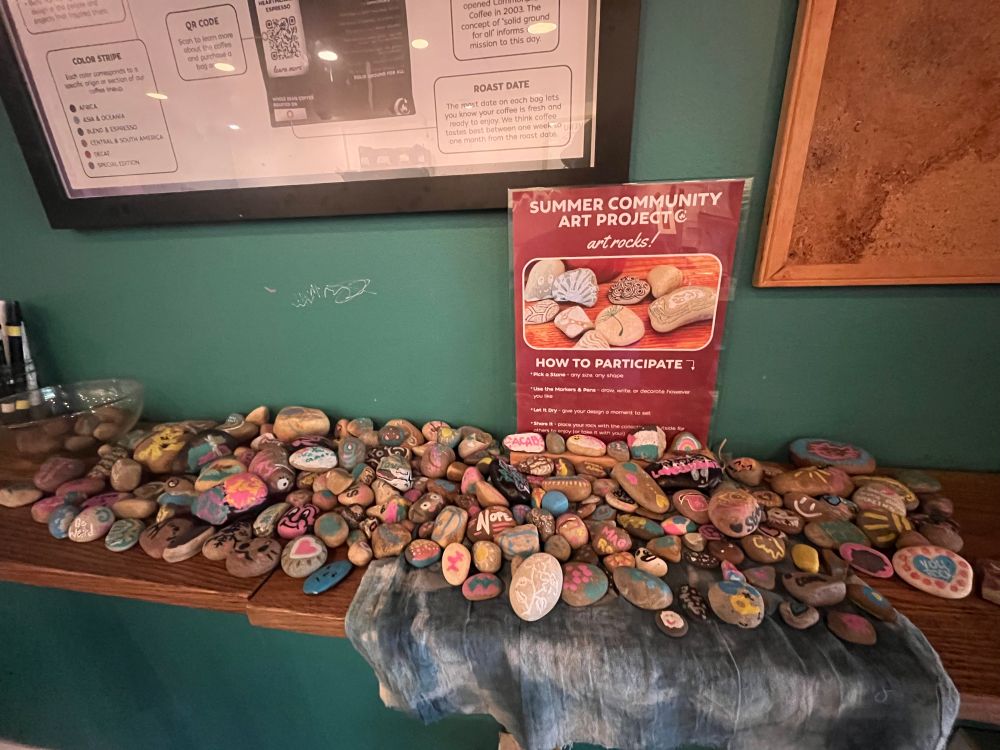 A bunch of painted stones on a wooden shelf in front of a green wall. A sign behind them reads “Community Art Project: Art Rocks!”