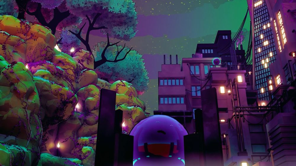 The first picture shows a purple and green city with some trees skyscrapers and a magical portal in the middle.