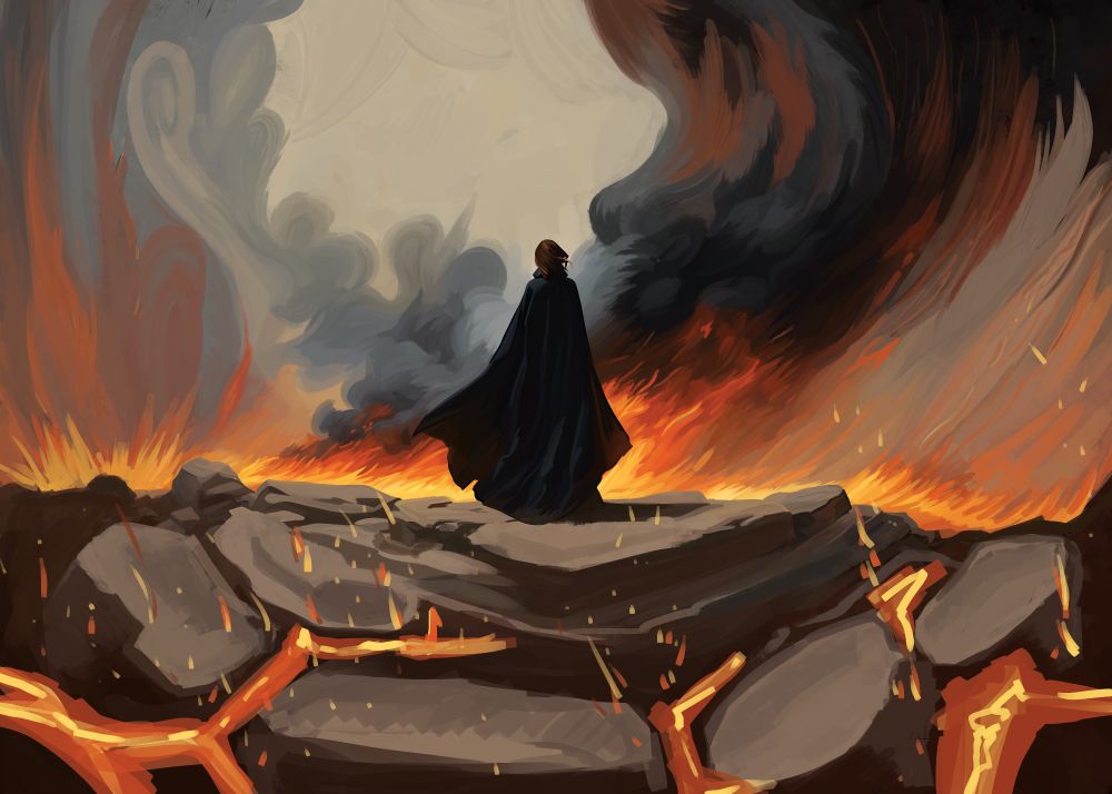 An image of a person wearing a black billowing cloak against a fiery backdrop on a rocky landscape that is breaking apart revealing hot lava underneath. 