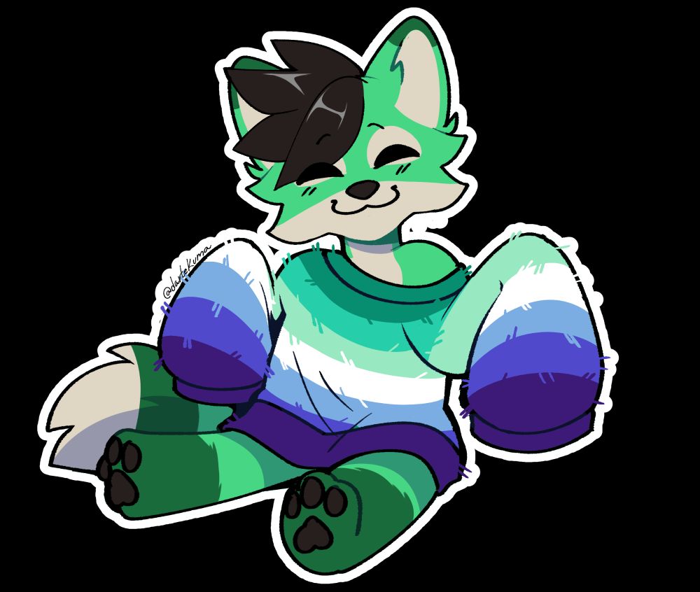 A small green fox wearing an oversized jumper in the colour scheme of the Male Loving Male Pride Flag which goes from A deep green to a rich purple. 