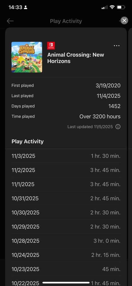 My Animal Crossing: New Horizons playtime, as seen on the Nintendo Store app. It shows "over 3,200 hours" played on my Arcy (pronounced R-Key) profile.