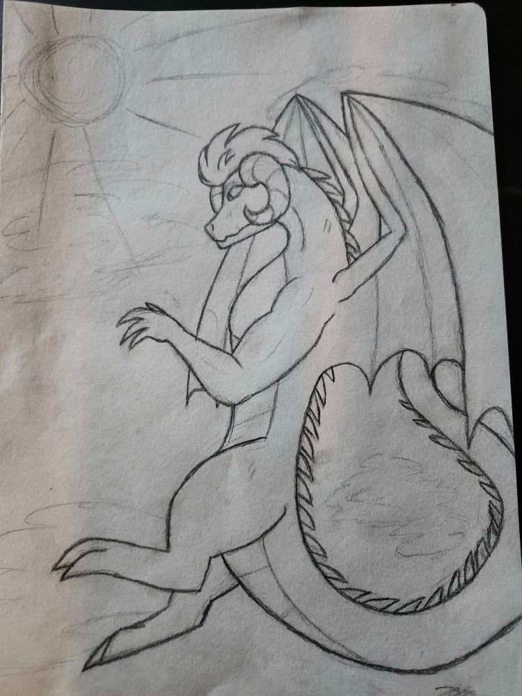 Pencil drawing of a dragon mid flight in the sky. He has muscular arms, curly horns and a tuft of hair on his head.