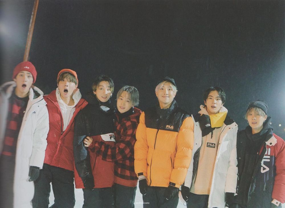 Tae, Hobi, Jungkook, Jimin, Namjoon, Jin, Yoongi in winter gear, with various facial expressions.

From: 2020 winter package