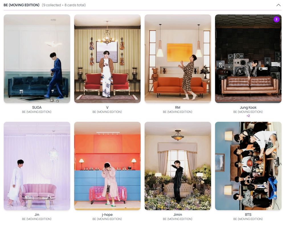 8 moving photocards of BTS members from BE album on b-cd app website.