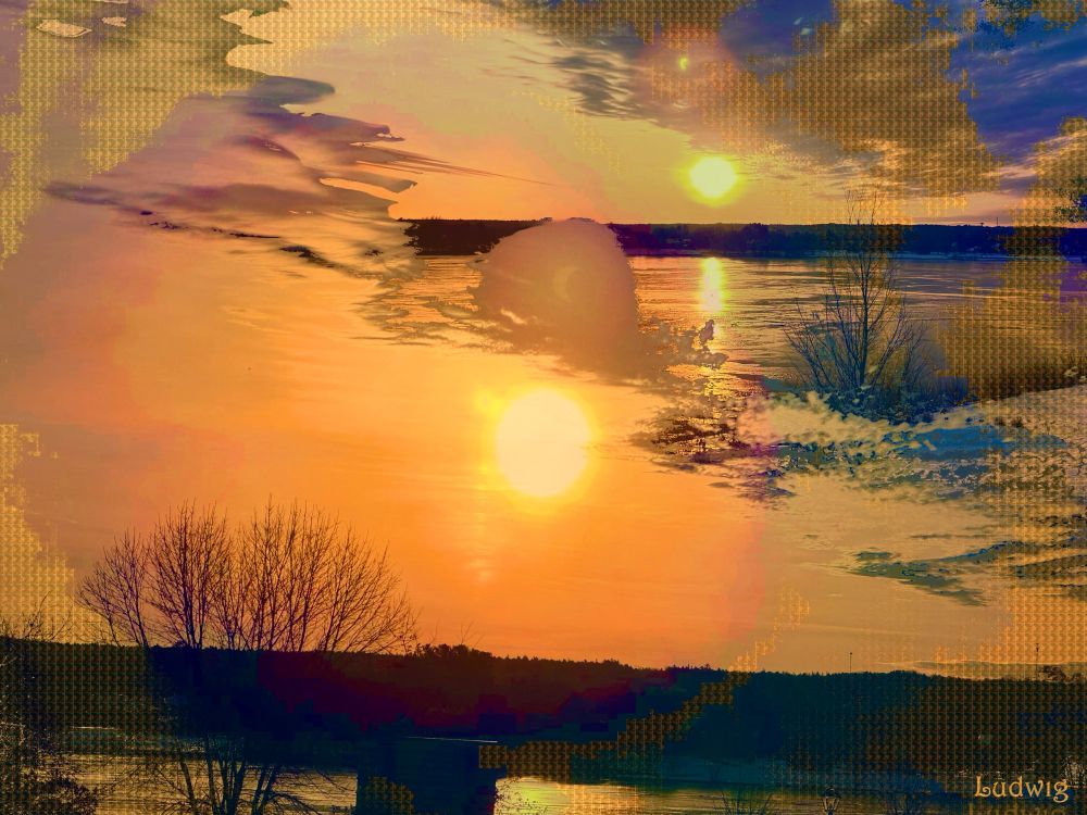 Eclipse  (2025)
A surreal image of a partial solar eclipse as seen over the Saint John River in Fredericton NB Canada. 

PARTIAL ECLIPSE

A scrap of white through dense
hedges her hair or blouse. Day or night
when you pass the porch, she sits between two pillars
of paperbacks. At her left hand
those unread, at her right the pile mounts
through summer until one slides off
into the brown needles. The glum face

of the cover might mean something
like the birds mean more
than you are sick of them,
how they fly at the slightest noise,
your lover who cannot keep his mind on you.

Who are you fooling with this fiction?

She is you, if anyone, since you made her up
out of this morning
of mere disappointment in him—which means
"no point at all" except in the partial eclipse
that drops hooks and horns from leaf shadows,
the only spectacle you're supposed to look at.

Stay in the deep shade of the porch.
The sun is harmful
because the eye trusts it and opens
and stays open even after the harm is done
- Michelle Boisseau