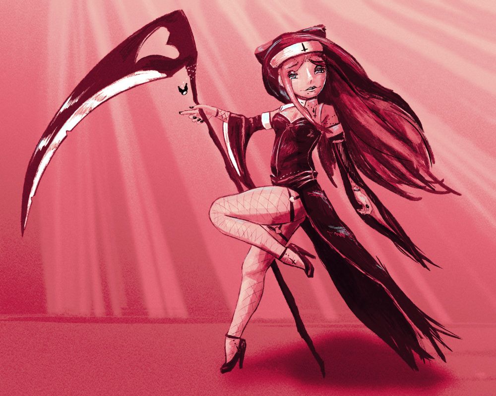 A black, white, and pink drawing of the vtuber Dolly, linked in the main text. The character is wearing a revealing nun outfit, and has a large scythe. 