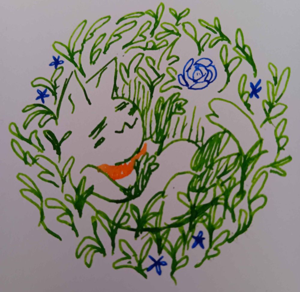 a green, blue, and orange ink drawing of my cat geist