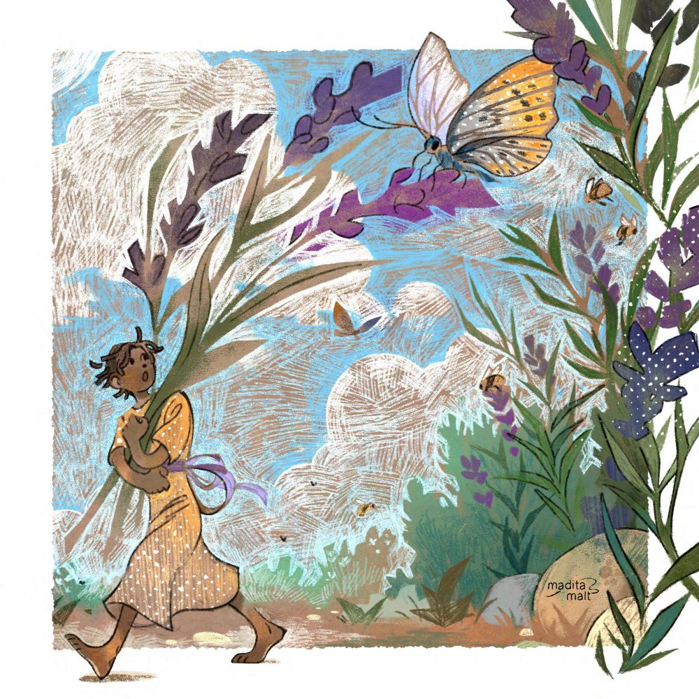 A tiny person is carrying a bushel of lavender, looking up in awe to where a big butterly is sitting on top of the lavender, sipping nectar from its flower. In the background there are more herbs, giant in comparison to the tiny person, and more bees and butterflies flying around collecting nectar.