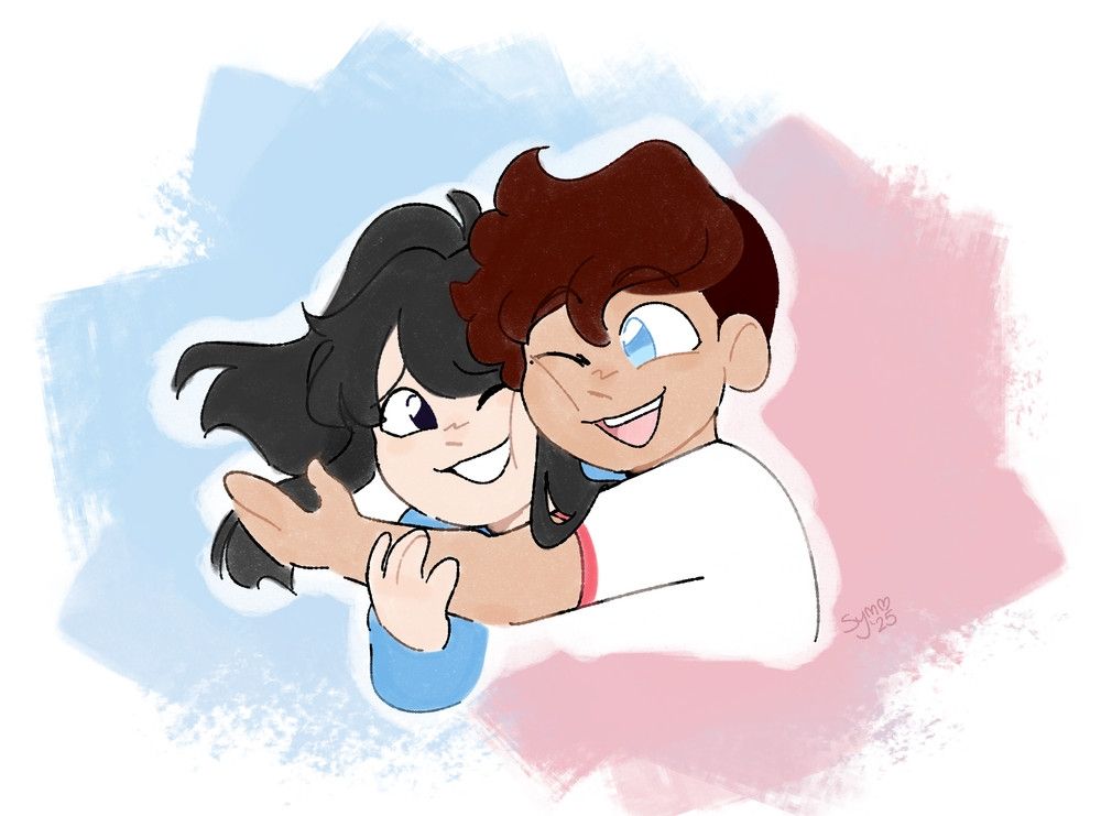 A drawing of two ocs, Robin and Ethan. Ethan is hugging Robin, smiling, and Robin is holding onto his arm. Their cheeks are squished together.