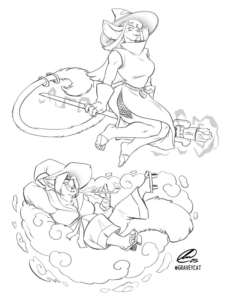 Jessica (top, mouse) and Nikki (bottom, cat) in witchy attire flying using their respective magics. They are gazing at each other playfully.