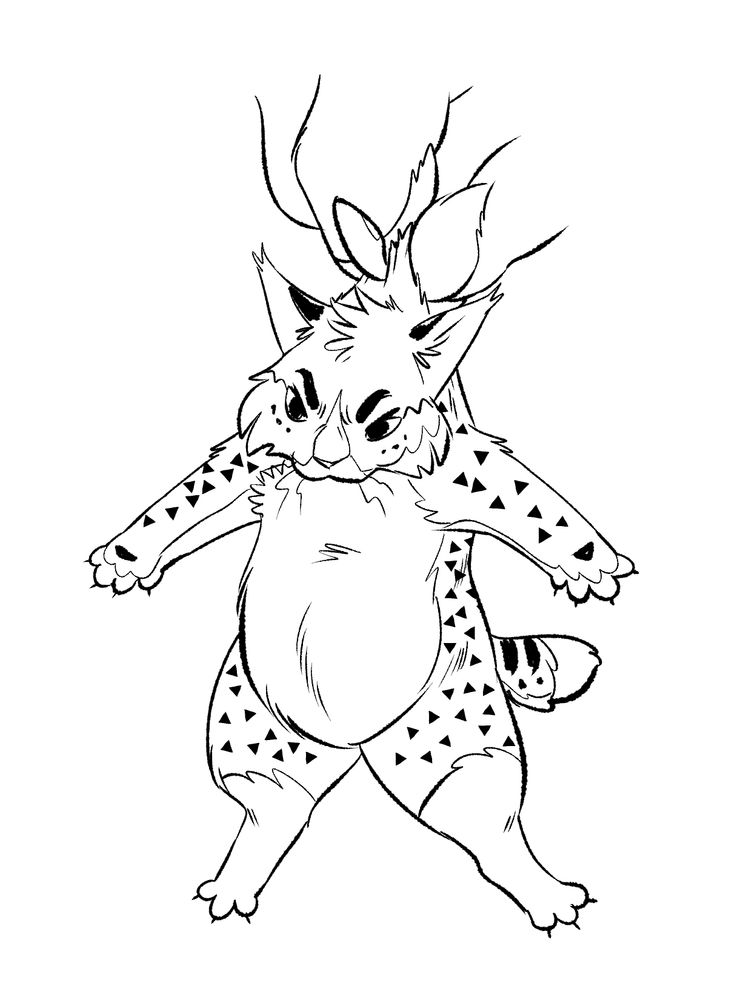 a tiny kitten sized Graveycat (who is a bobcat) dangling from some claws, held by their scruff