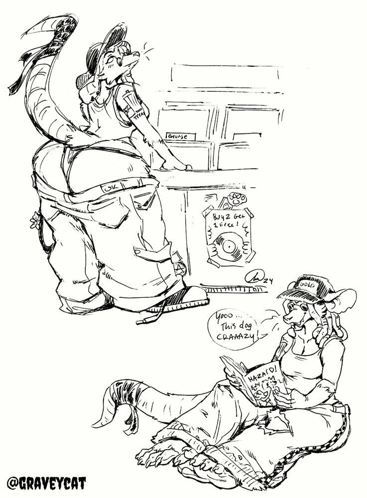 Top image is an opossum anthro wearing a thong, chucks and VERY baggy jeans. "grunge" records in front of her, "buy 2 get 1 free" poster below. "Yo this dog craaazy!" she's reading a comic in the bottom image.