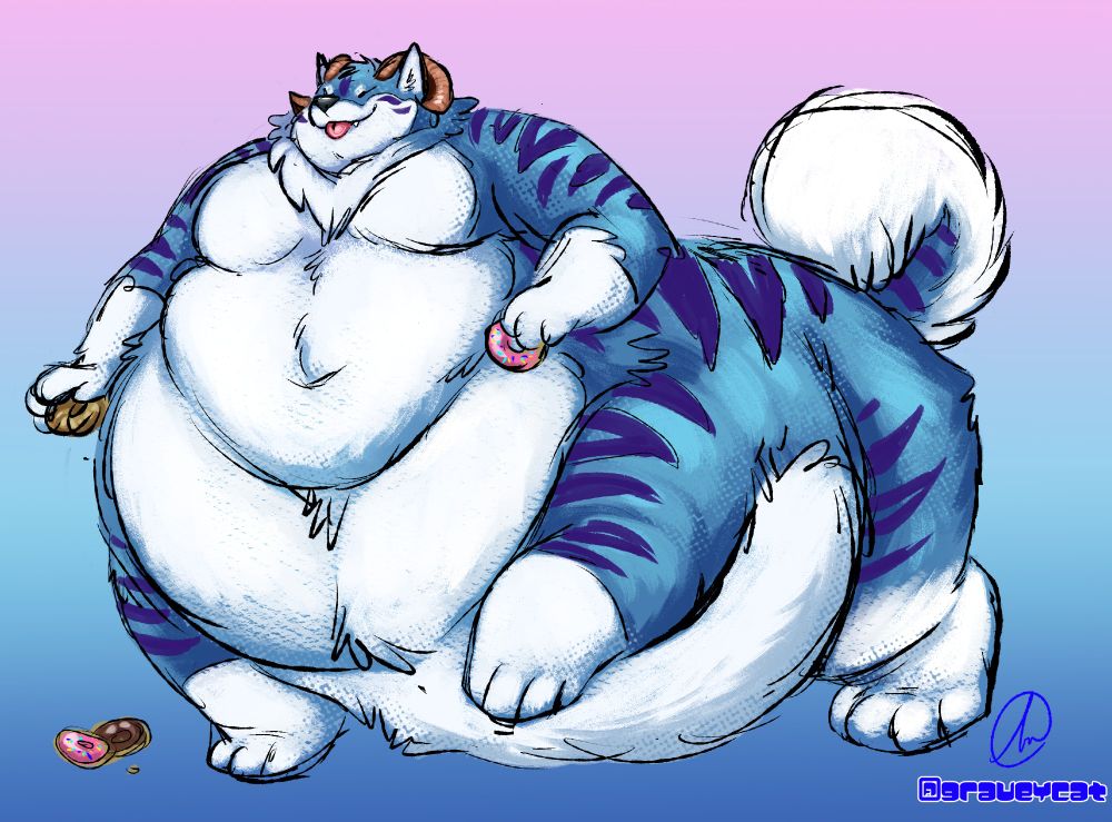 A very fat, blue, horned malamute "taur" holding a few doughnuts while he waddles along merrily!