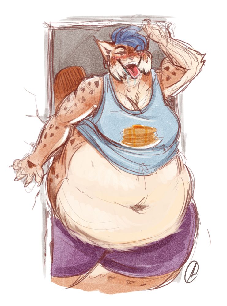 Gravey, a bobcat anthro with a hungry open maw'd expression trying to squeeze through (unsuccessfully) a door frame. They are wearing a tank top with a stack of pancakes on it and have a massive full tummy