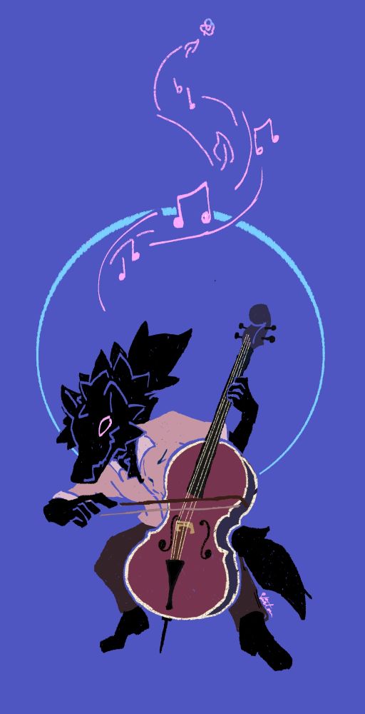 Same wolf playing cello but with a dark blue background. The moon compliments it with a light blue