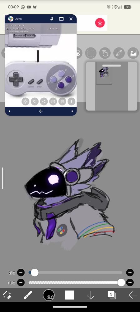 A purple protogen based on the Super Nintendo wearing a techwear hoodie. He's smiling. The hoodie have the colors of the Super Famicon