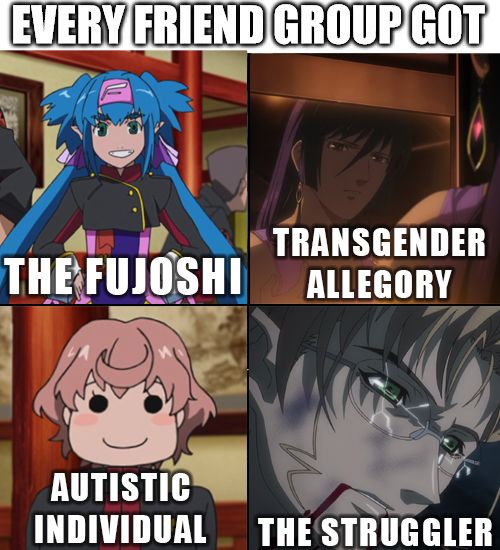 A four-image "every friend group got" meme featuring characters from Macross Frontier. Klan Klang is "The Fujoshi", Alto Saotome is "Transgender Allegory", Luca Angeloni is "Autistic Individual", and Michael Blanc is "The Struggler"