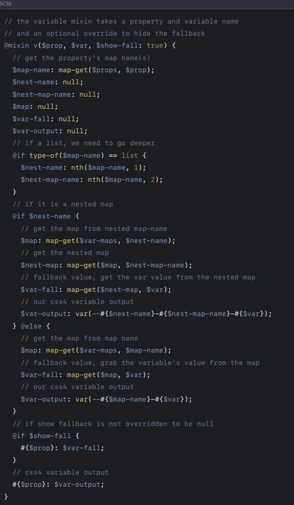 A screenshot of code that shows a Sass mixin that uses map get and conditionals to render css custom properties with a raw value fallback.