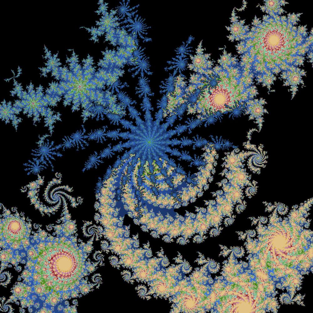 Five fractals have fought to claim and keep pixels in a black canvas.
