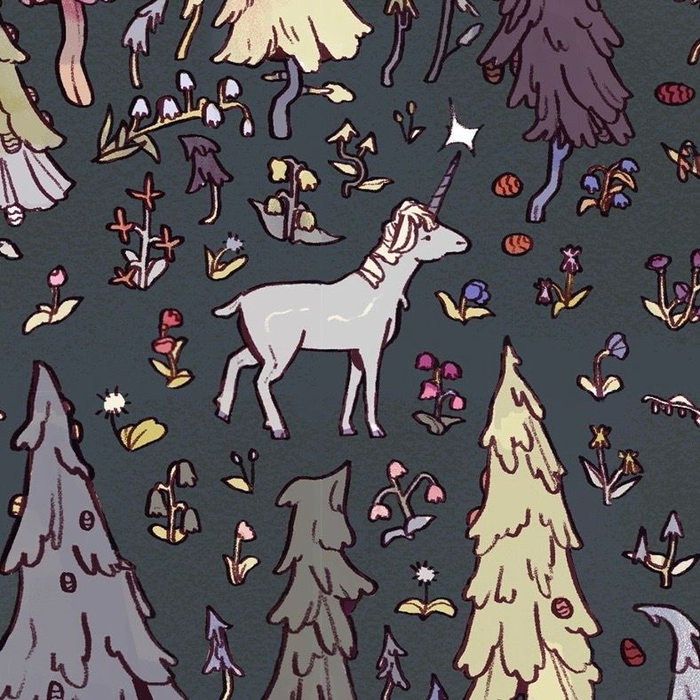 an illustration of a unicorn in a field of flowers!