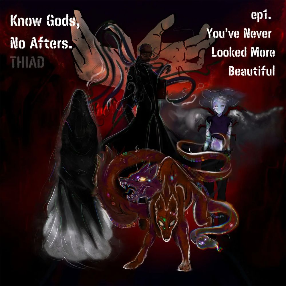 logo for the heart is a dungeon's know gods, no afters, features the illustrations of various fantastical gods, a cloaked dark figure, giant hands, a spirit like wolf, a misty, childlike figure.