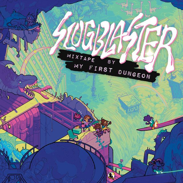 the logo for my first dungeon's slugblaster, featuring an illustration of a brightly colored fantasy world with cartoon style teenagers skateboarding amidst alien dino monsters.
