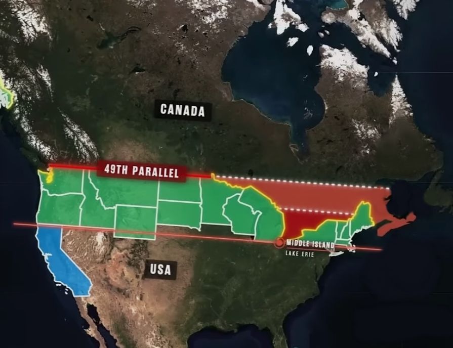 Map showing where 70% of Canadians live below the 49th parallel, and how Canada's southernmost is so far south that it's further south than a sliver of California and the majority of 16 entire U.S states, ranging from Massachusetts to Oregon. There are actually more Americans who live north of Canada's southernmost point than Canadians.
