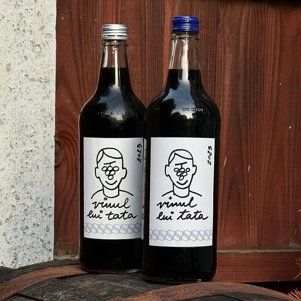 Two bottles of red wine — the label on the bottle shows an illustration of a person's head and shoulders, with grapes instead of facial features — hand-lettering under the drawing says “vinul lui tata” meaning “dad's wine” in Romanian