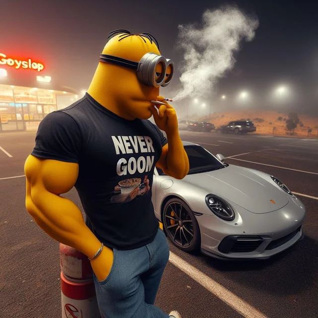 a jacked minion wearing a tshirt that says 'never goon'.
