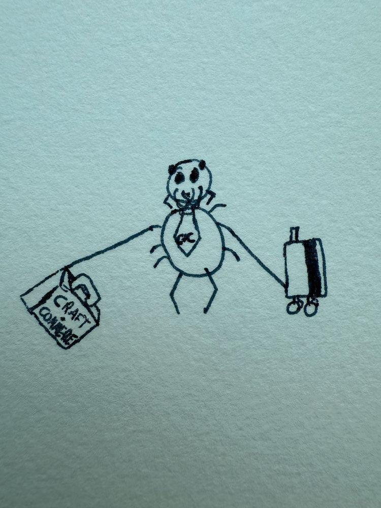 a nonsense sketch of a spider with a tie, dragging along a briefcase labelled "Craft + Commerce" and a rolling suitcase with web strands