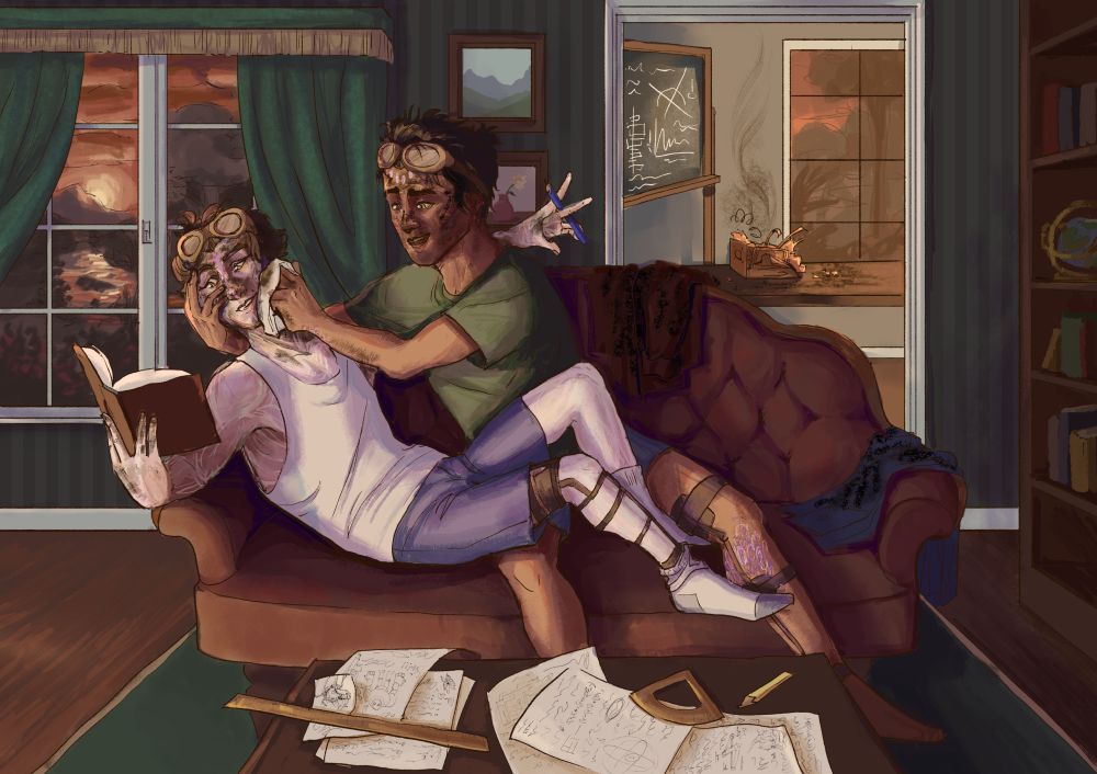 alt text: Viktor and Jayce are sprawled across a small couch in a cozy living room, mid-conversation as they read from the same book. They're half-dressed and covered in soot, and Jayce is distractedly wiping Viktor's face with a rag. Both of them are wearing leg braces. In the background, a recently-exploded device sits on a table, still smoking. The sunset is visible through a window, reflecting off the river. In the foreground is a coffee table covered in loose note pages, some featuring doodles of Viktor.