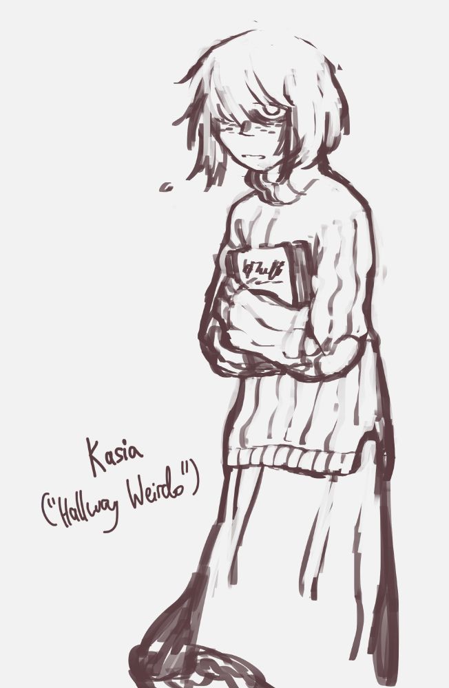 a shabby, freckled girl in a baggy sweater and a long skirt, clutching an electronics repair manual to her chest. she looks nervy.