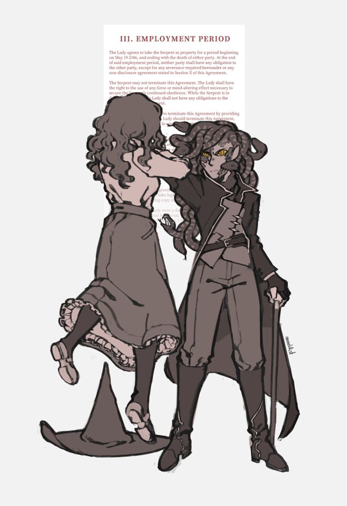 a gorgon holds a choking woman aloft by the throat, her snake-hair rearing and hissing, her golden eyes filled with a cold, bitter determination. the woman's hat, a peaked, wide-brimmed witch's affair, lies dented on the ground between them. between the two figures, an except from a contract of ownership can be seen; although most of the text is occluded by their bodies, it can be understood to refer to the dissolution of their respective roles as Lady / owner and Serpent / property upon the death of either party.