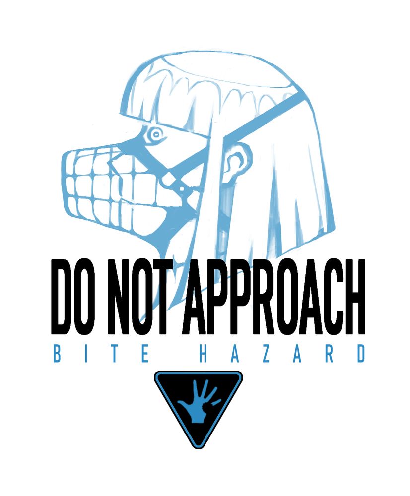a muzzled woman glares balefully at the viewer. the words 'DO NOT APPROACH - BITE HAZARD' are printed above a triangular warning sign depicting a hand missing a chunk of flesh.