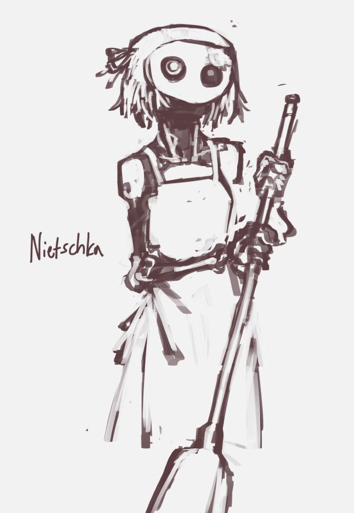 a raggedy android with a ribbon in her cheap synthetic hair. she carries a broom. 