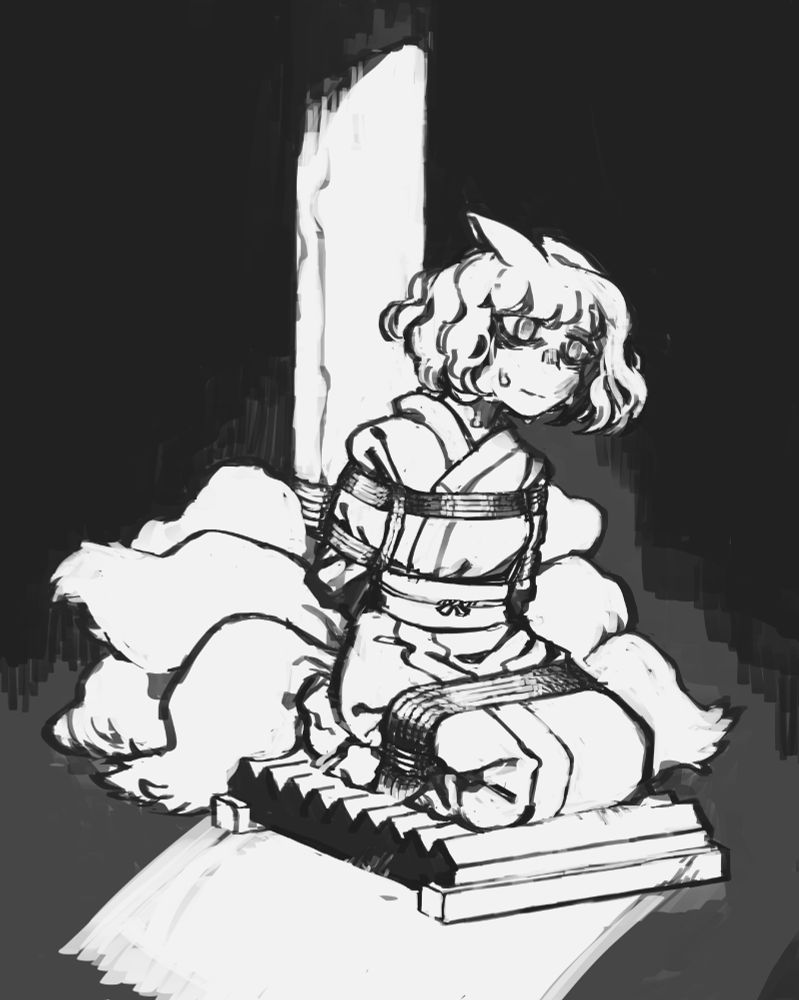 a monochrome drawing of ran yakumo, a foxgirl with nine fluffy tails. she is wearing a simple kimono and is bound in a kneeling position, her shins resting on a wooden ishidaki board. her eyes are dull with pain, and her face is dripping sweat. it seems as if she's been left here for quite some time.
