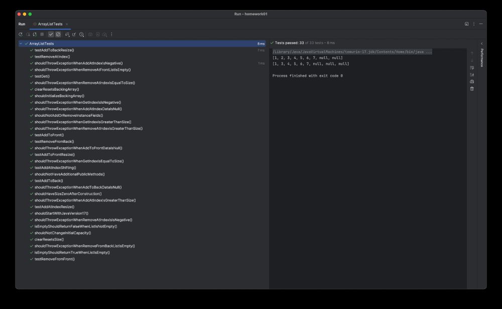 A screenshot of 33 of 33 tests passing in an ArrayListTests class.