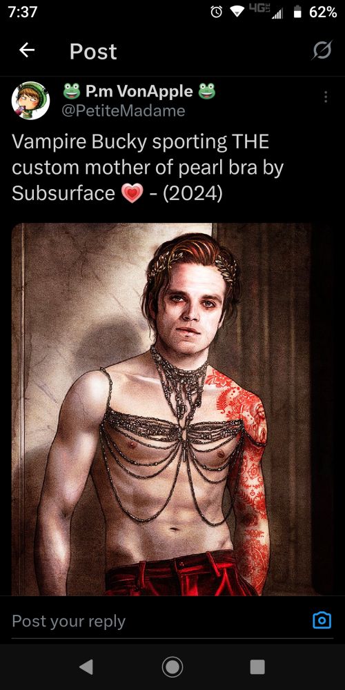 An artwork post by @petitemadame of vampire!Bucky in a mother of pearl bralette and red velvet pants.