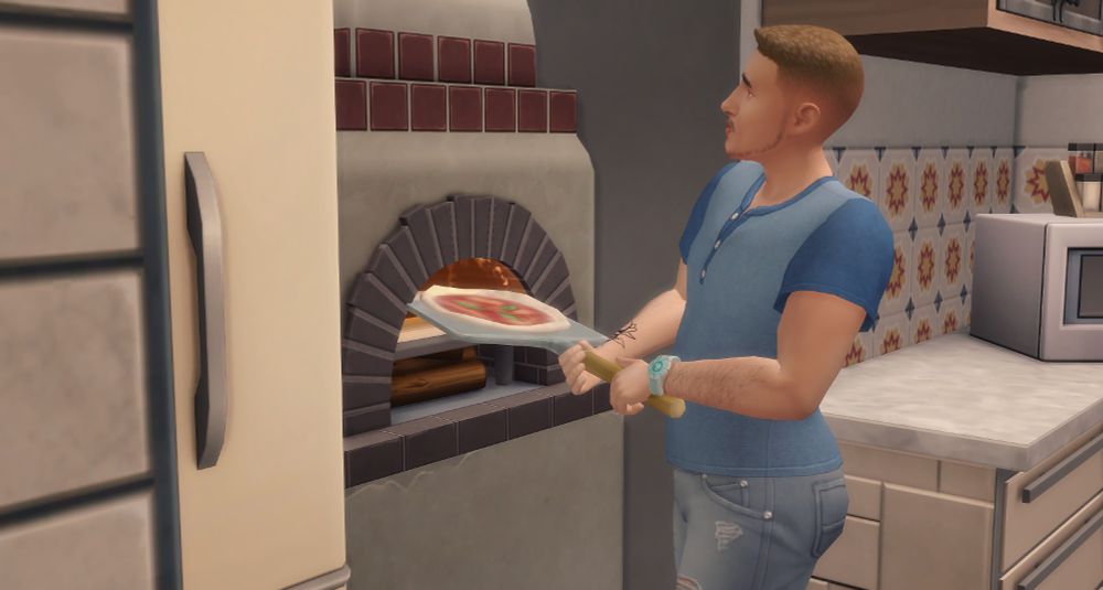 Another pizza oven, where the counter is scaled down, and using the Desert's End Table rotated using the TOOL mode to build the base.