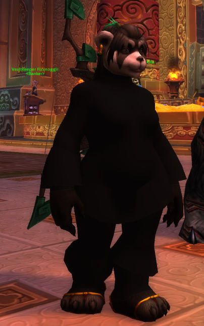 A Pandaren female in MoP Classic whose clothing textures have all been replaced by matte black.